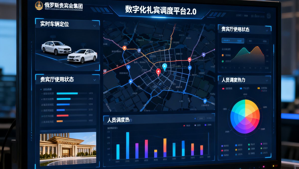 俄罗斯贵宾会集团自研的数字化礼宾调度平台2.0版本界面截图，大屏幕上显示着实时车辆定位地图、贵宾厅使用状态看板以及人员调度热力图，界面设计简洁专业，数据可视化清晰明了。